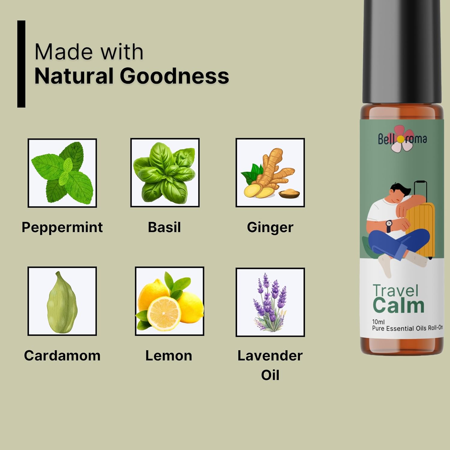 Travel Calm Roll-On | Natural Motion Sickness & Nausea Relief | For Car, Flight, Cruise & Morning Sickness | With Peppermint, Basil, Ginger, Cardamom, Lemon & Lavender Oils - 10ml - Image 5