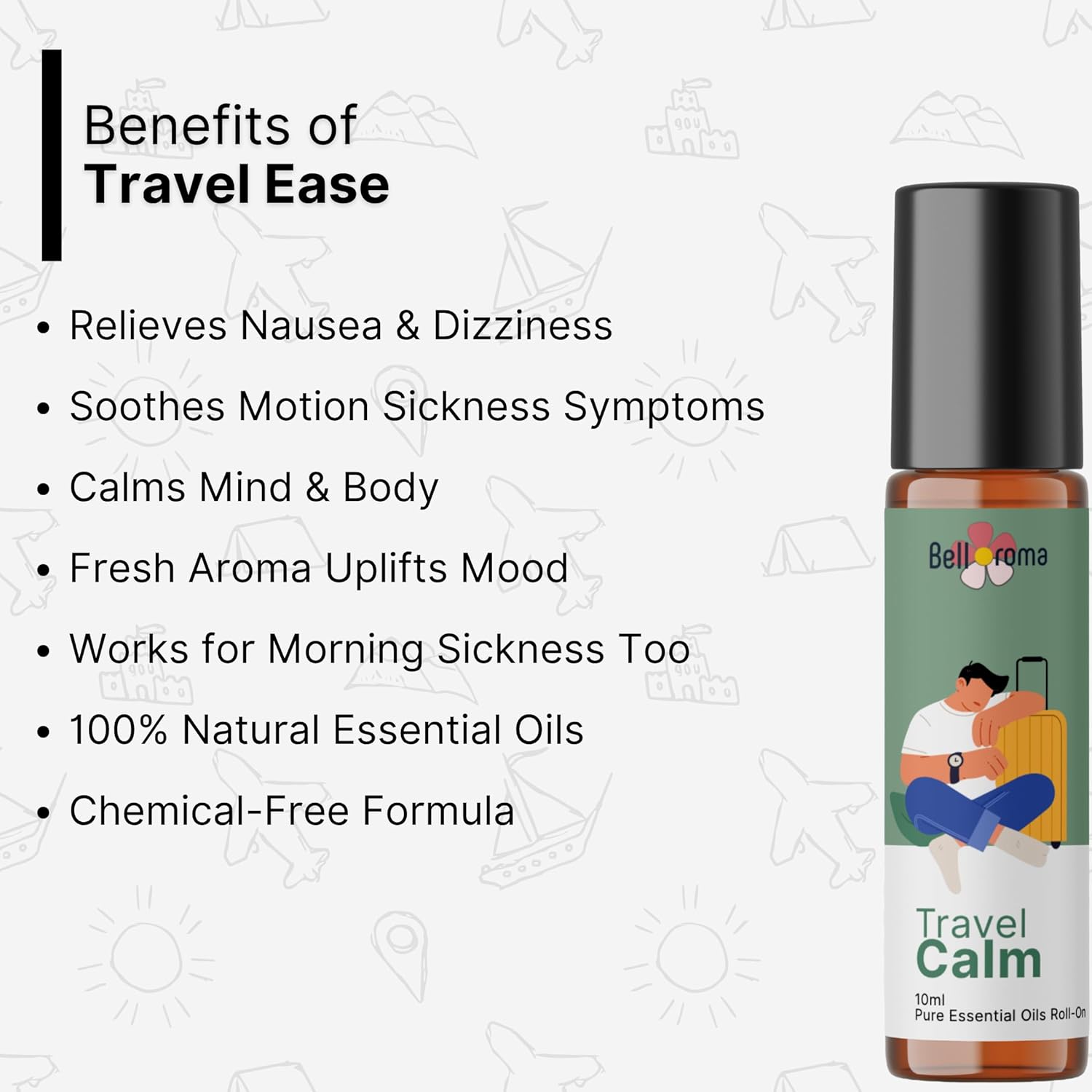 Travel Calm Roll-On | Natural Motion Sickness & Nausea Relief | For Car, Flight, Cruise & Morning Sickness | With Peppermint, Basil, Ginger, Cardamom, Lemon & Lavender Oils - 10ml - Image 3