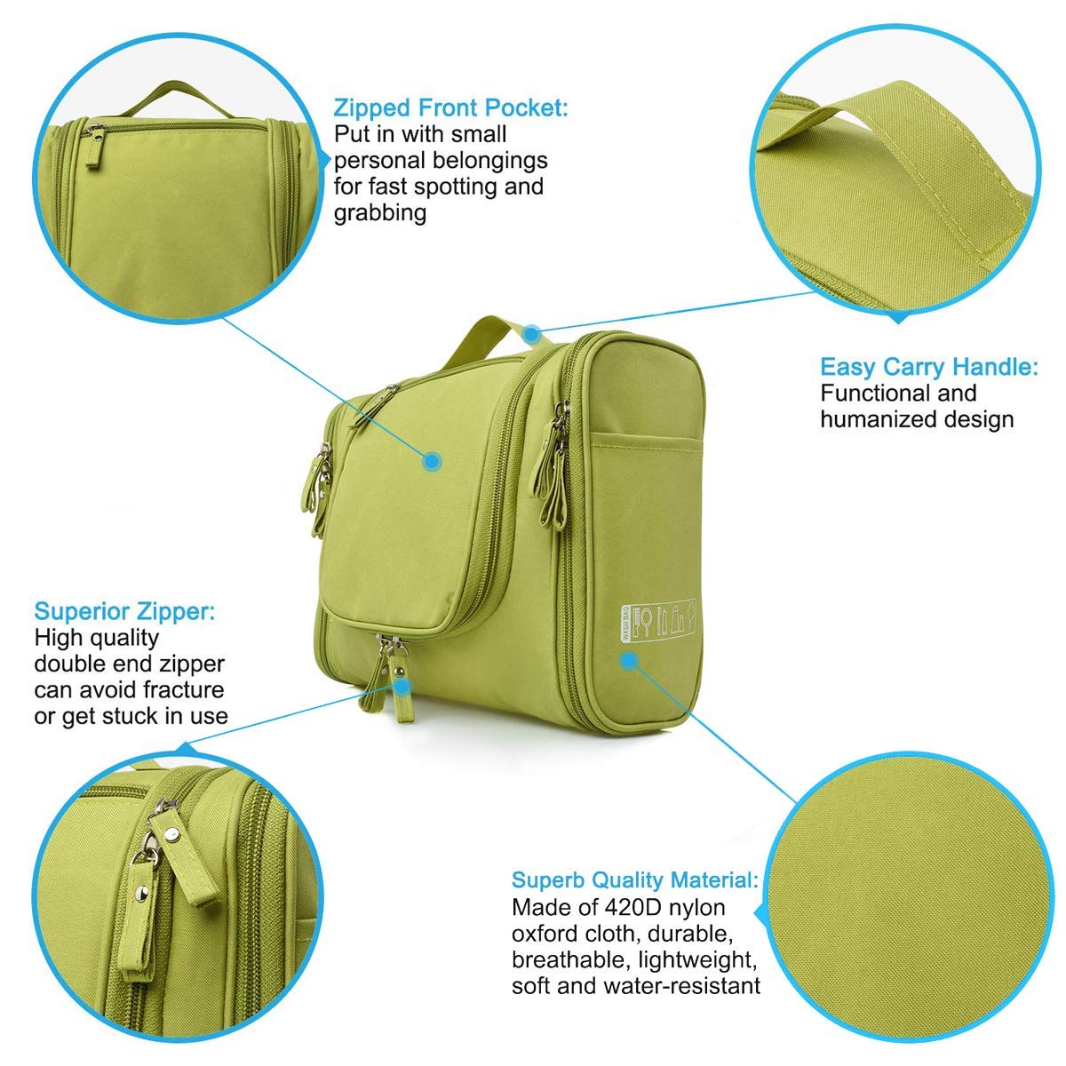 PETRICE Nylon Toiletry Bag for Women Makeup Pouch Waterproof Shower Wash Bag Cosmetic Organizer Case Travel Kit Pack with Hook (Green) - Image 6